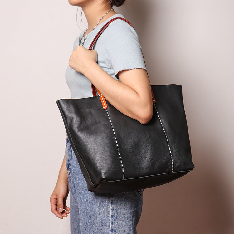 Women's Black Grained Leather top handle bag