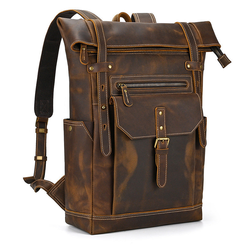 Full Grain Leather Backpack 15.6'' Laptop Backpack Retro School Backpack