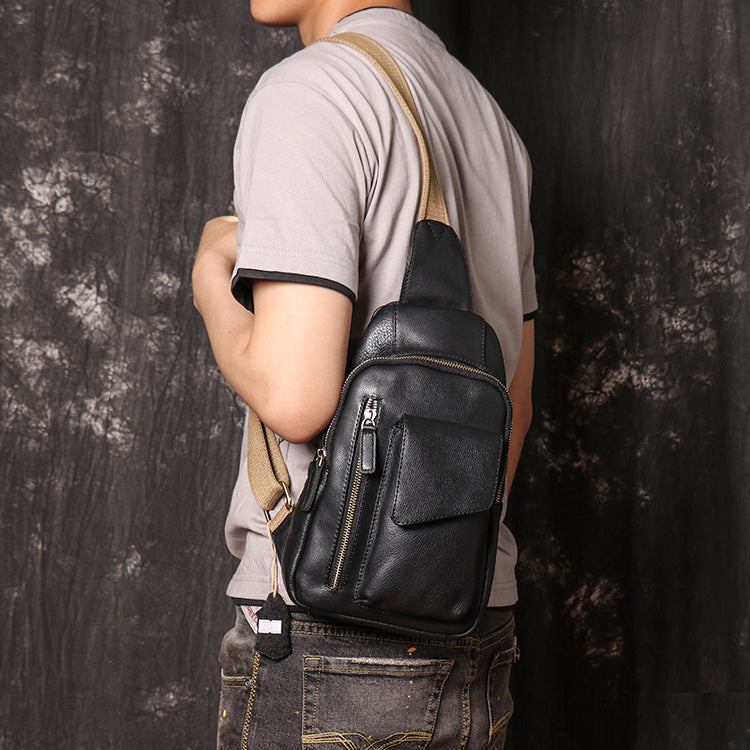 Black Leather Sling Bag Casual Chest Pack Crazy Horse Leather Crossbody Bag