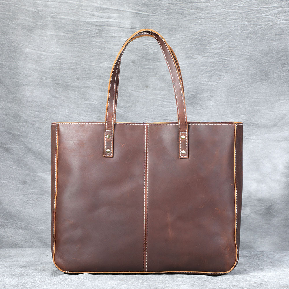 Full Grain Leather Tote Bag Men Leather Shoulder Bag Vintage Leather Handbags Brown