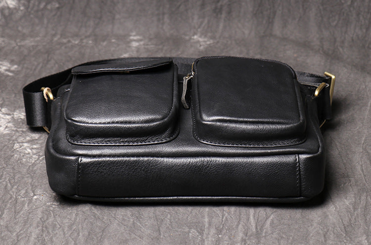 Crazy Horse Leather Messenger Bag Casual Shoulder Bag Black