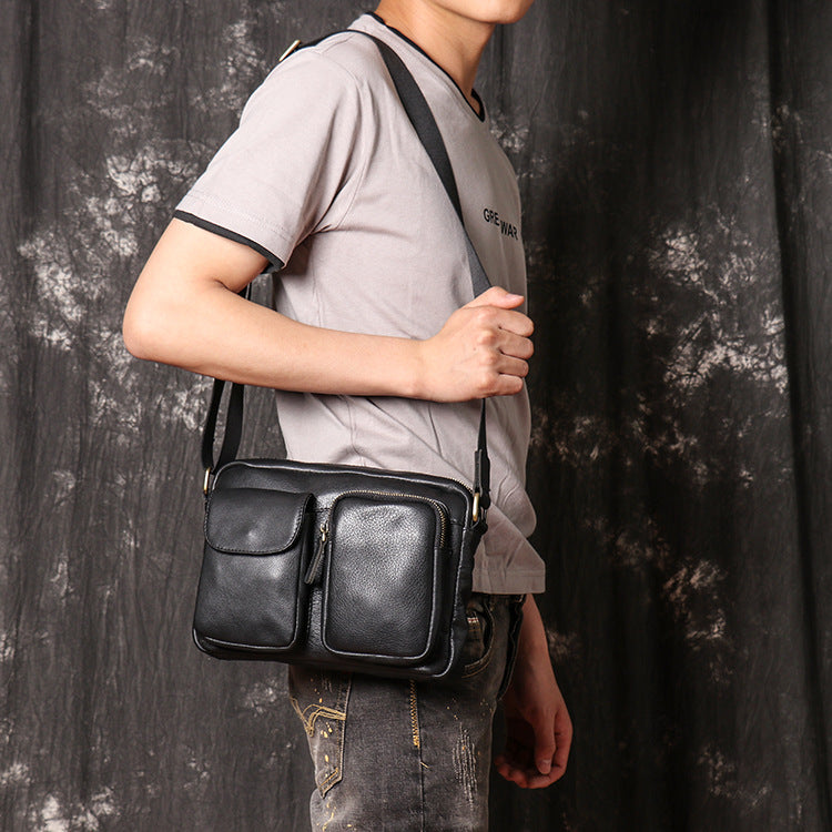 Crazy Horse Leather Messenger Bag Casual Shoulder Bag Black