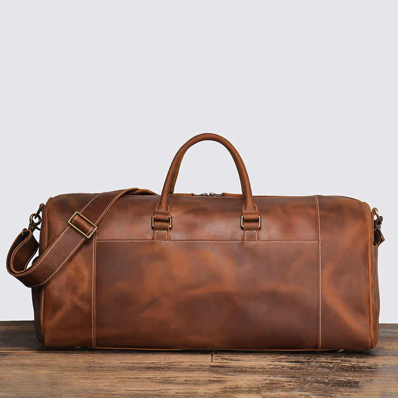 men's / unisex weekender travel bag Leather Weekend Overnight Bag Leather Travel Bag with Shoes Compartment Vintage Brown / No / L