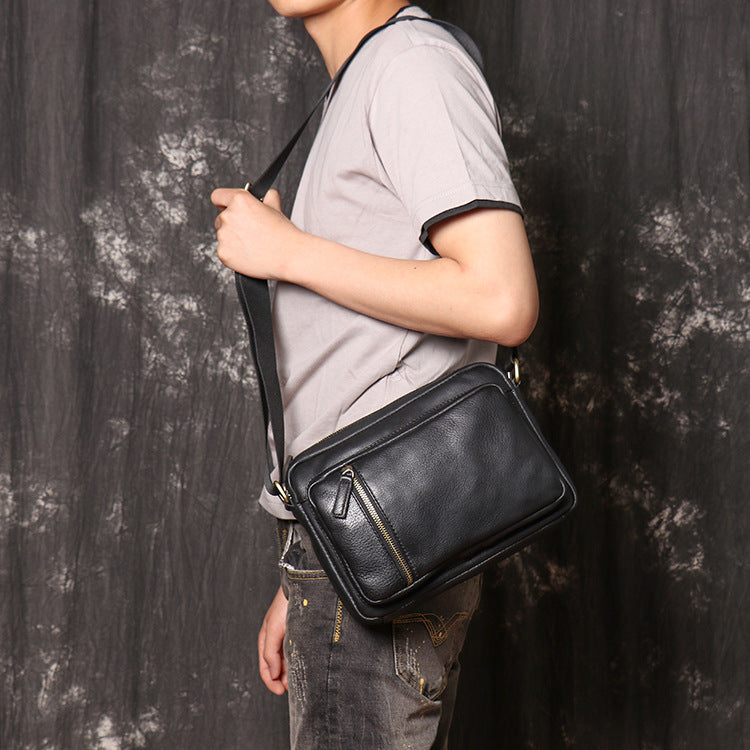 Full Grain Leather Shoulder Bag Black Leather Messenger Bag Casual Crossbody Bag