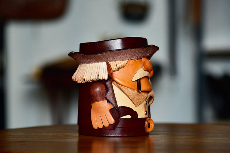 Vegetable Tanned Leather Pen Holder Creative Leather Pen Cup Cartoon Stationery Organizer