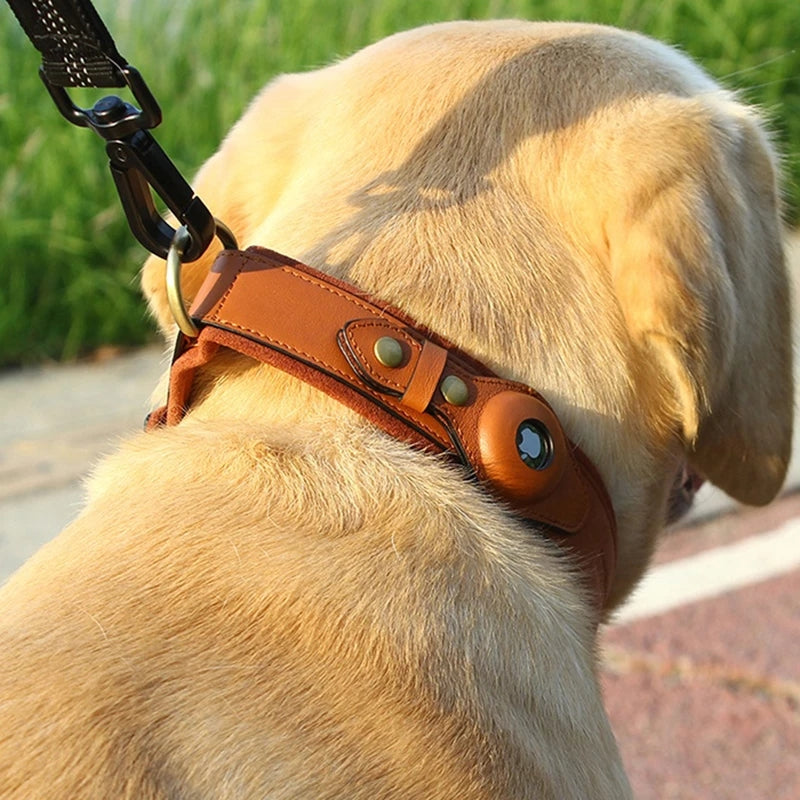 Leather AirTag Collar Leather Dog Collar with Apple AirTag Holder