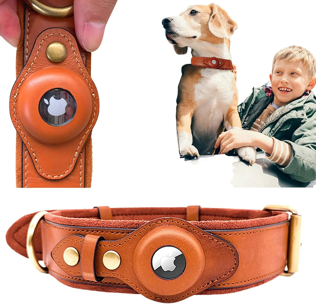 Leather AirTag Collar Leather Dog Collar with Apple AirTag Holder