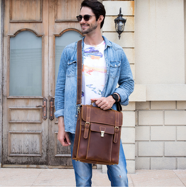 Full Grain Leather Backpack Men Leather Laptop Backpack Retro