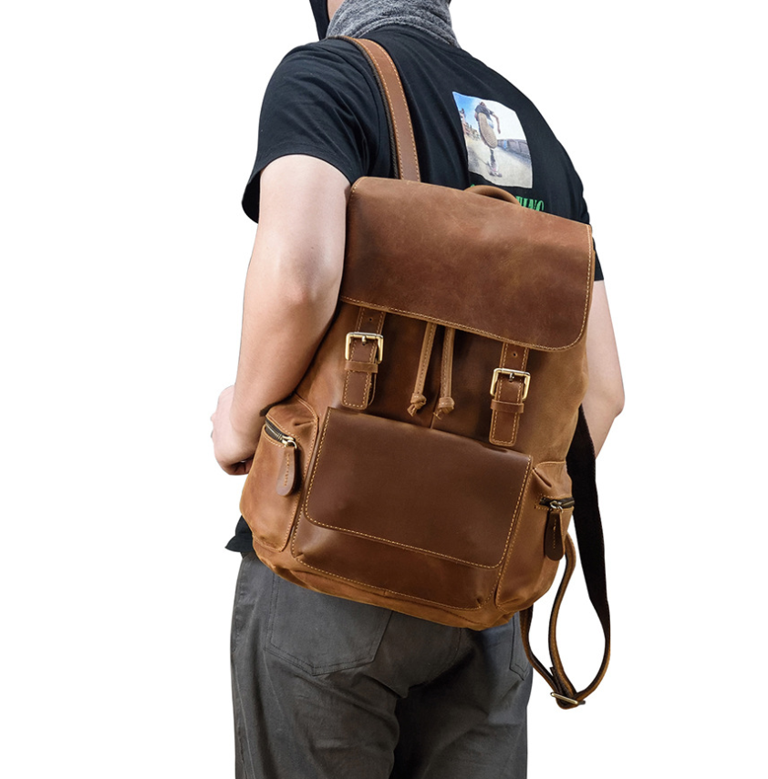 crazy horse leather backpack Crazy Horse Leather Backpack Men Retro School Backpack Laptop Backpack Travel Rucksack Brown