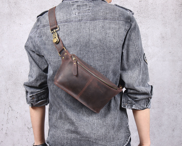 Full Grain Leather Waist Bag Retro Chest Pack Handamde Men Crossbody Bag