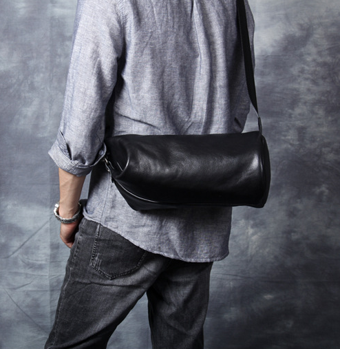Black Leather Messenger Bag for Men