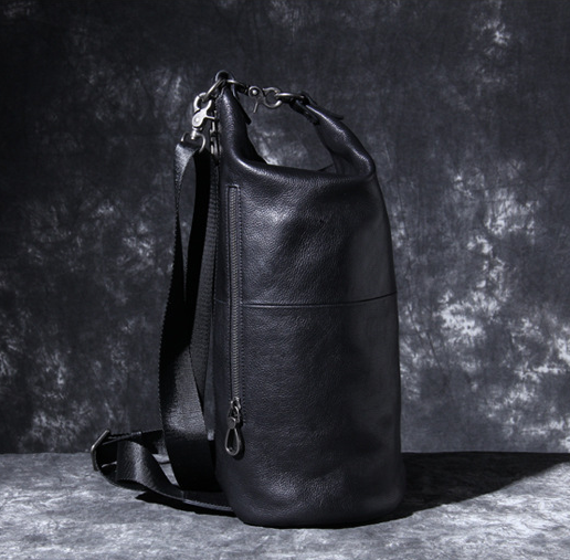 Full Grain Leather Shoulder Bag Black Leather Crossbody Bag Mens Leather Barrel Bag