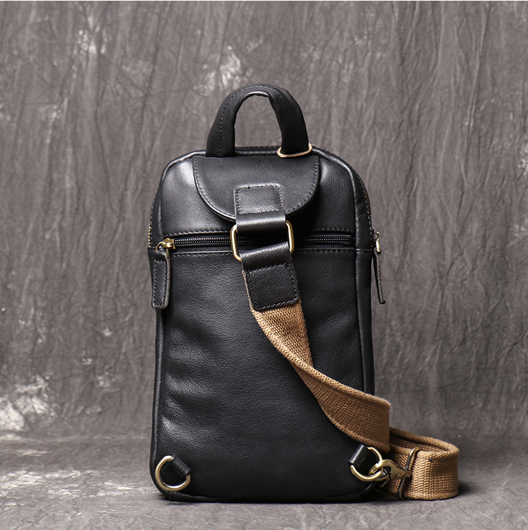 Full Grain Leather Sling Bag Black Leather Chest Bag Casual Crossbody Bag