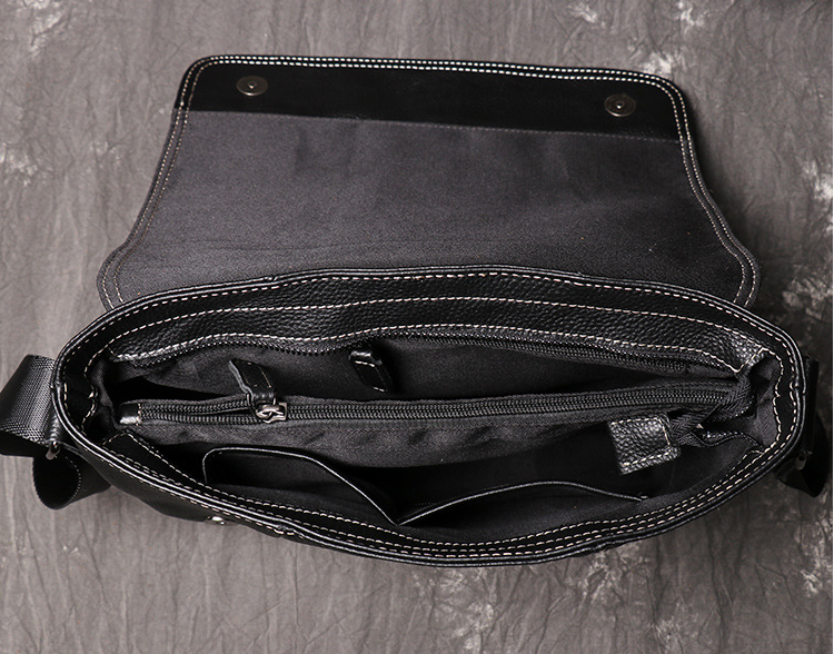 Crazy Horse Leather Messenger Bag Black Leather Shoulder Bag Handmade Leather Crossbody Bag