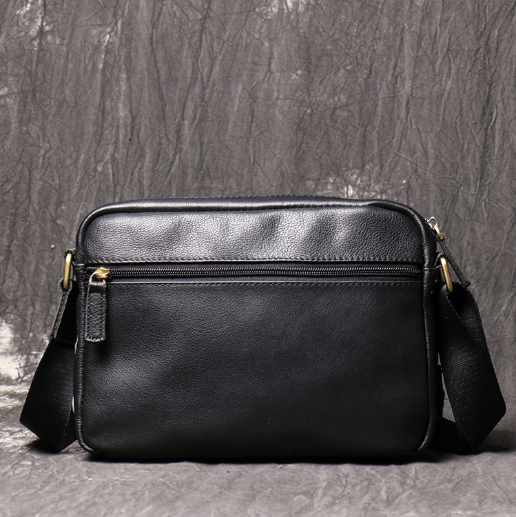 Full Grain Leather Shoulder Bag Black Leather Messenger Bag Casual Crossbody Bag