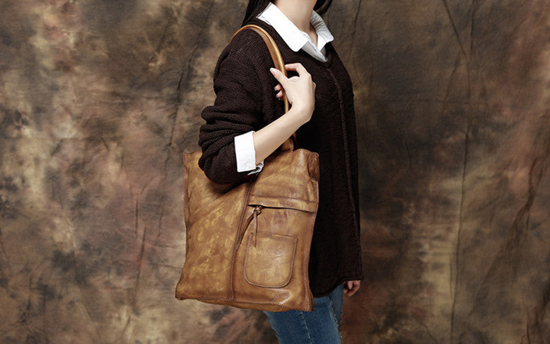 Handmade Full Grain Leather Messenger Bag Tote Bag Shopping Bag DD103 - Unihandmade