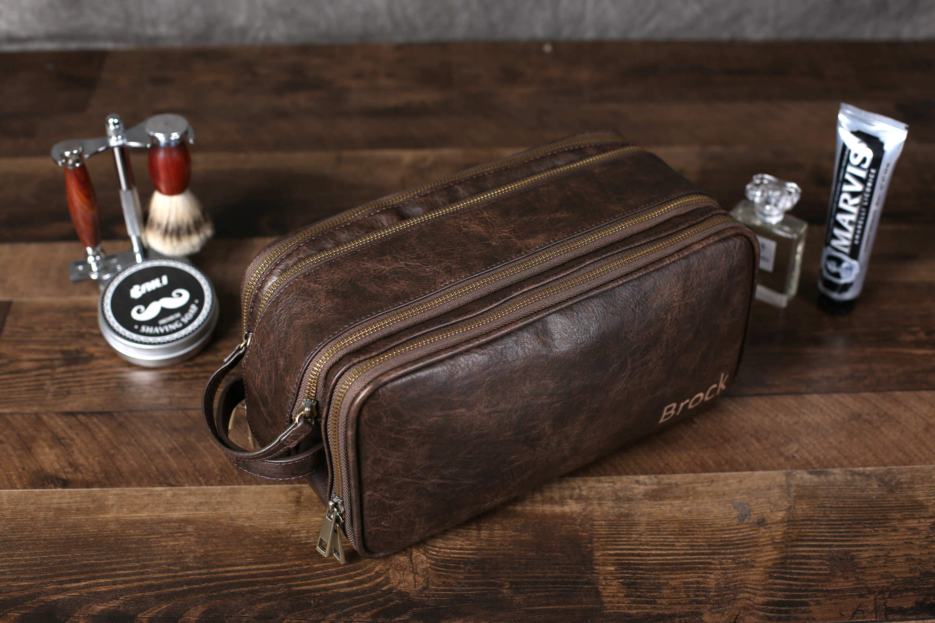 Leather Shaving Bag for Men, Mens PU Leather Toiletry Bag, Leather