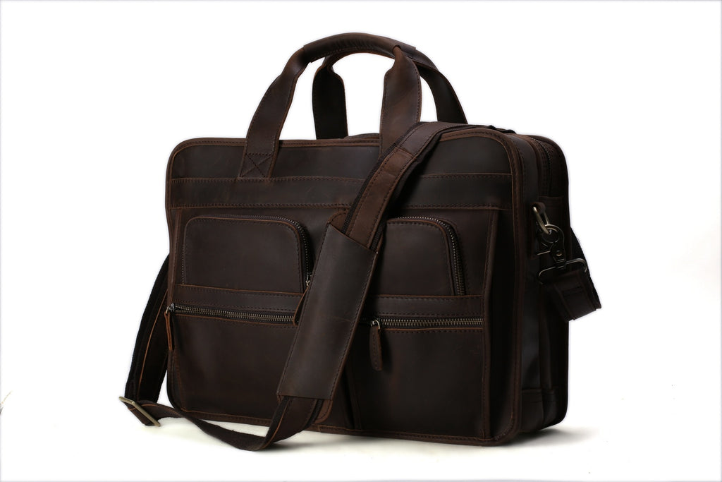 Men Briefcase Genuine Leather Laptop Briefcase Suitcase Attachment Bag