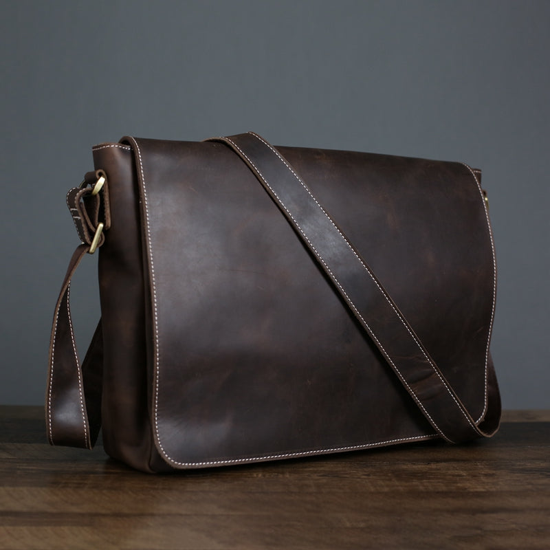 Full Grain Leather Messenger Bag Mens Leather Shoulder Bag Vintage