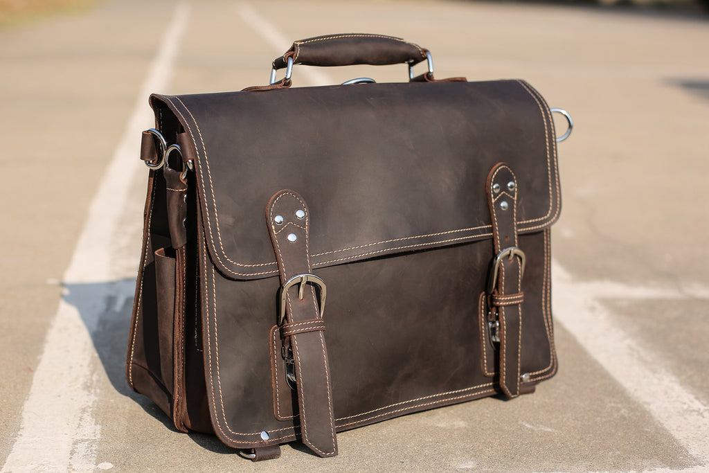 Handmade Rugged Leather Briefcase Satchel Messenger Laptop Bag Large 7161R - Unihandmade