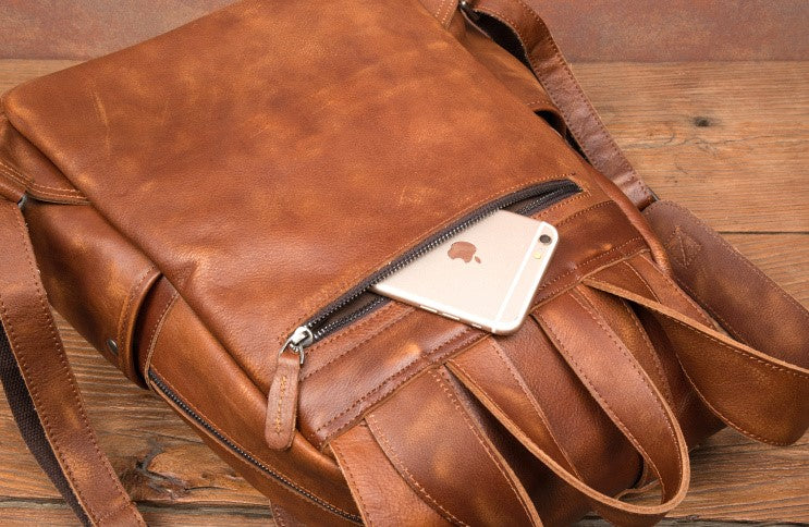 brown leather men's backpack Travel Backpacks Handmade Leather Backpack Men Backpack Vintage Brown / Yes