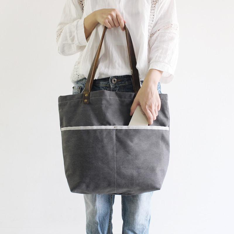 Handbag Canvas with Leather Tote Bag Shoulder Bag School Bag 14043 - Unihandmade