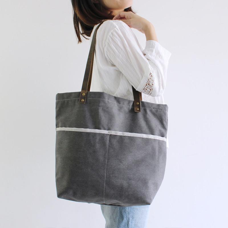 Handbag Canvas with Leather Tote Bag Shoulder Bag School Bag 14043 - Unihandmade
