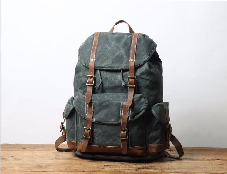 Personalized Waxed Canvas Travel Backpack School Backpack Hiking Rucksack Laptop Backpack Blue Green / No