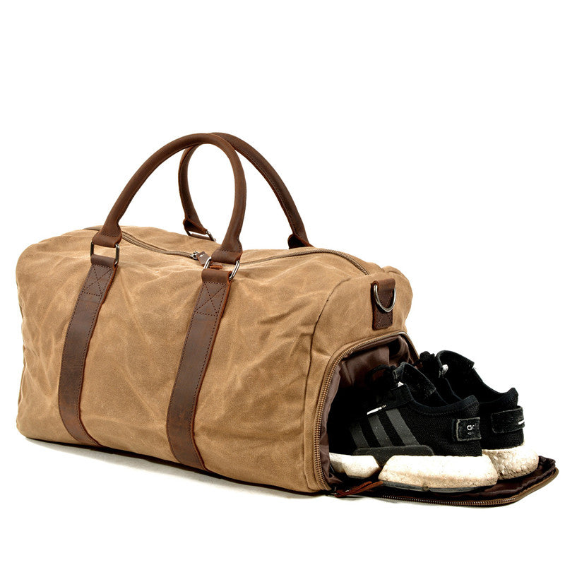 Waxed Canvas Leather Travel Bag Duffle Bag Weekender Bag with Shoe Pouch - Unihandmade