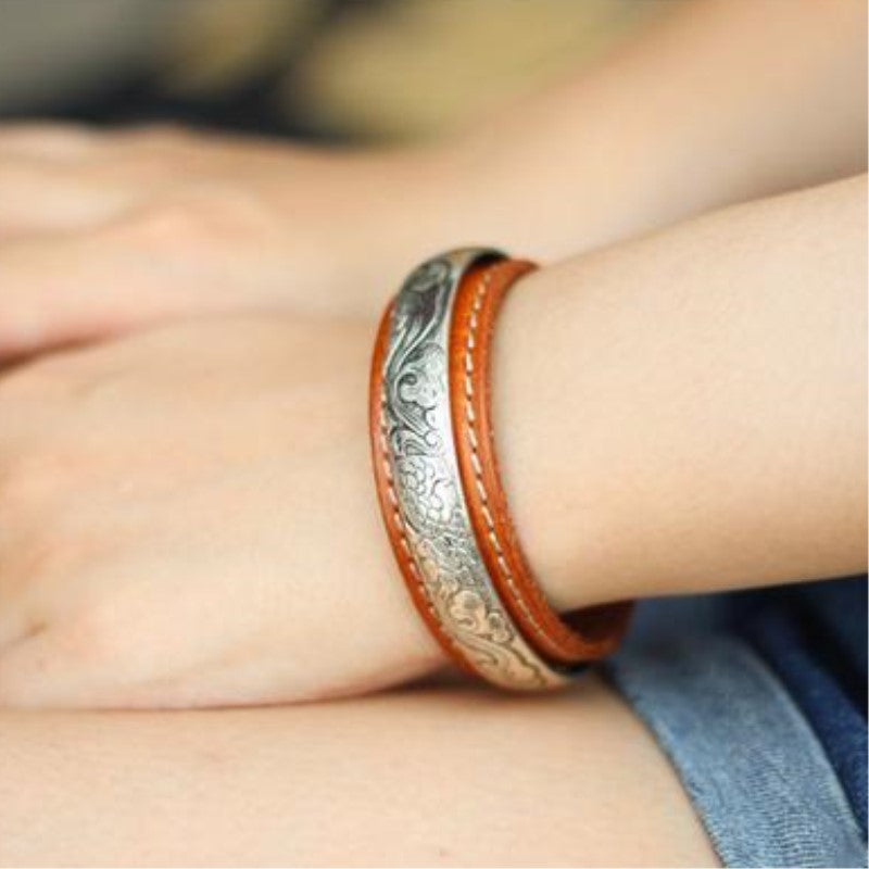 Vintage Handmade Leather Bracelets Silver Alloy Carving Leather Bracelet X007 - Unihandmade