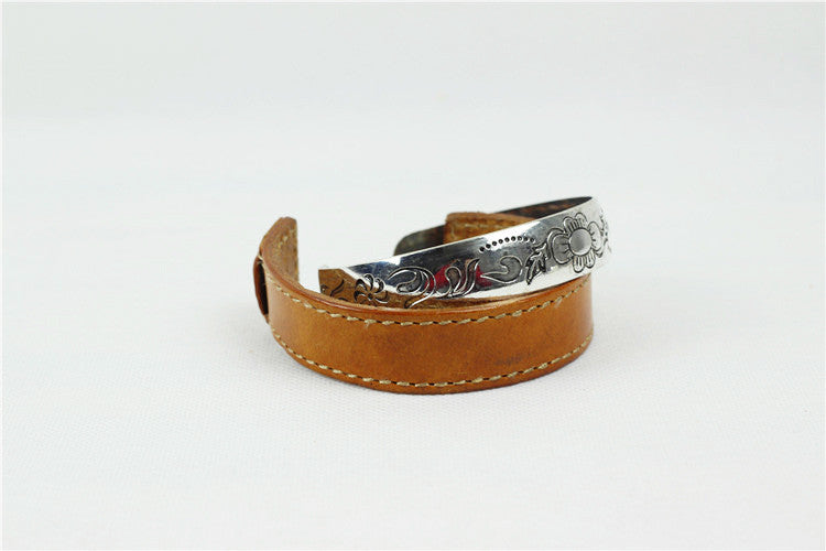 Vintage Handmade Leather Bracelets Silver Alloy Carving Leather Bracelet X007 - Unihandmade