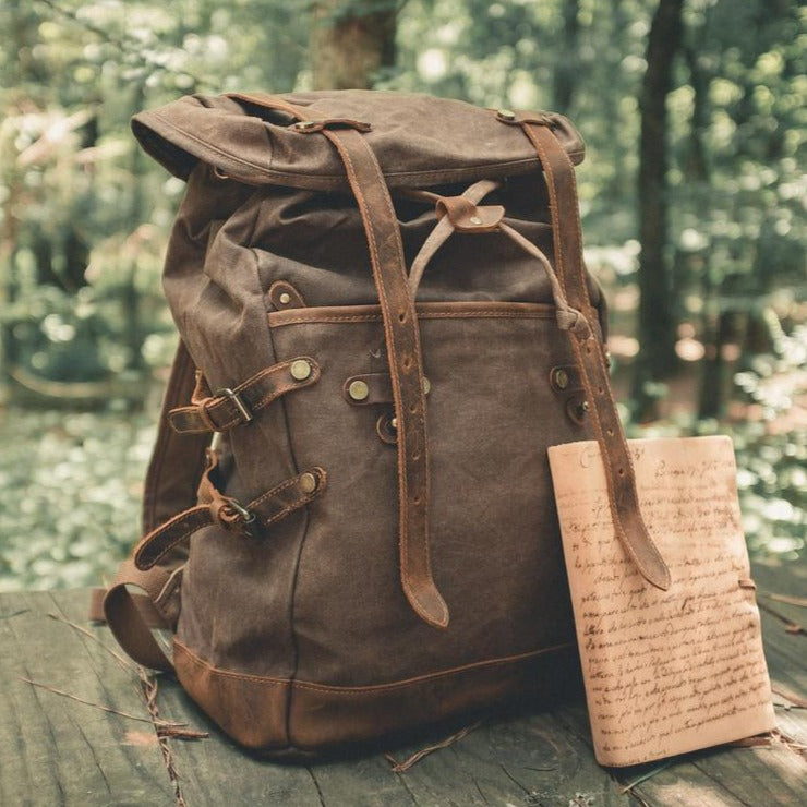 Vintage Waxed Canvas and Leather Backpack Rucksack Travel